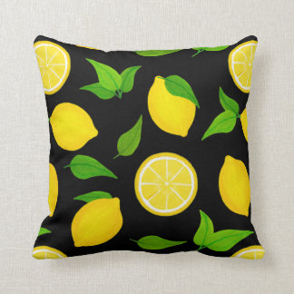 Summer Yellow Lemons Pattern on Black Cushion