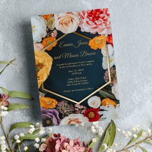 Summer yellow pink navy blue gold floral Wedding  Invitation