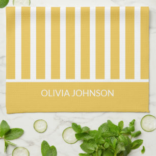 Summer Yellow Striped Customisable Name  Tea Towel