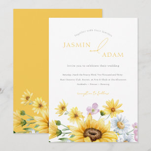 Summer Yellow Sunflower Initials Floral Wedding Invitation