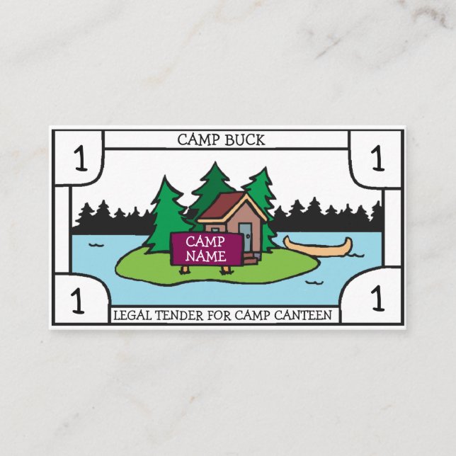 Summer youth camp bucks cabin island w/custom sign business card (Front)