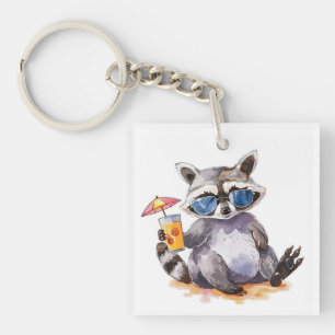 Summertime beach racoon watercolor key ring