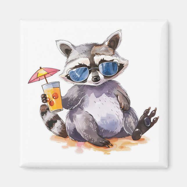 Summertime beach racoon watercolor magnet (Front)