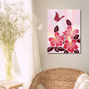 Summertime Blooming Pink Hibiscus & Butterfly Pink Poster