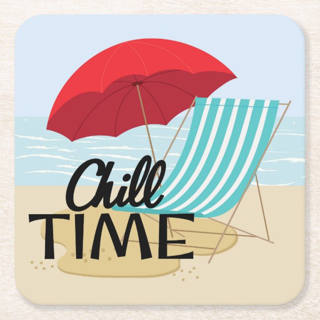 Summertime Chill Time at the Beach Square Paper Coaster (Front)