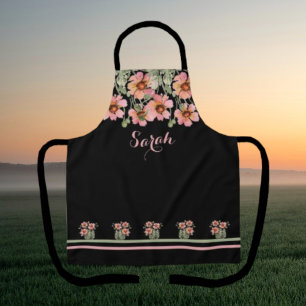 Summertime Personalised Name Black Floral Apron