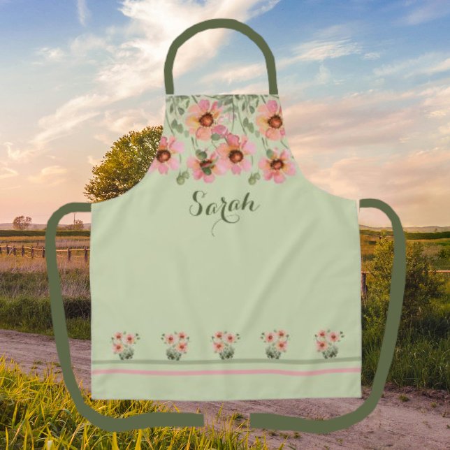 Summertime Personalised Name Green Floral Apron (Creator Uploaded)