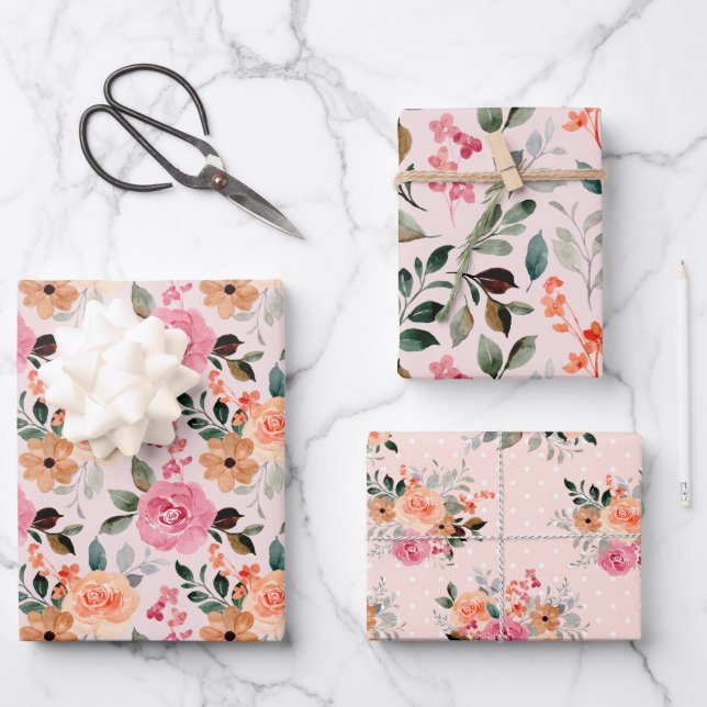 Summertime Roses Floral - All Occasion  Set of 3  Wrapping Paper Sheet (Front)