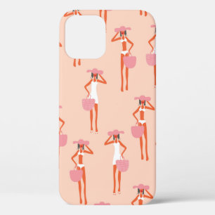 Summertime seamless pattern. Young beautiful woman iPhone 12 Case