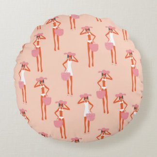 Summertime seamless pattern. Young beautiful woman Round Cushion