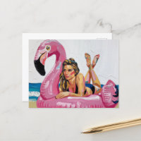 Summertime Woman on a Flamingo Float at the Beach