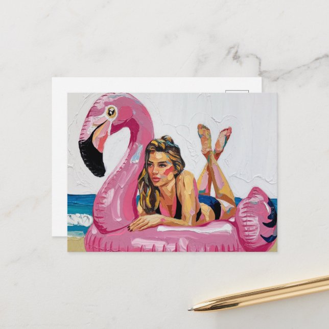 Summertime Woman on a Flamingo Float at the Beach Postcard (Front/Back In Situ)
