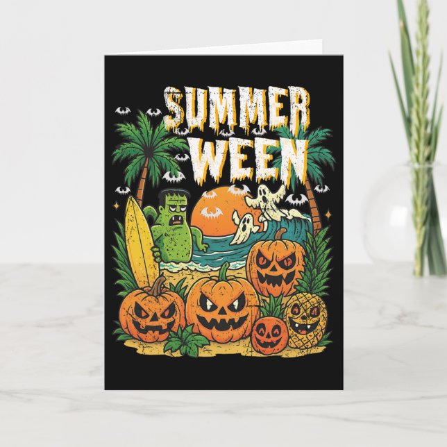 Summerween Beach Pumpkins Ghosts Surf Halloween Vi Card (Front)