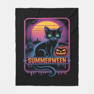 Summerween Black Cat Pumpkin Retro Halloween Art Fleece Blanket