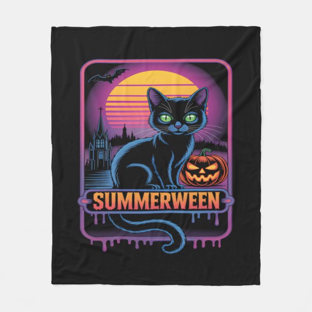 Summerween Black Cat Pumpkin Retro Halloween Art Fleece Blanket (Front)