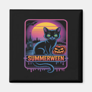 Summerween Black Cat Pumpkin Retro Halloween Art Magnet