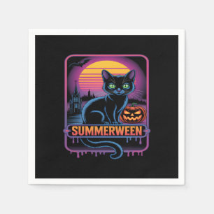 Summerween Black Cat Pumpkin Retro Halloween Art Napkin