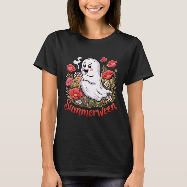 Summerween Cute Ghost Poppy Flower Field Summer T-Shirt (Front)