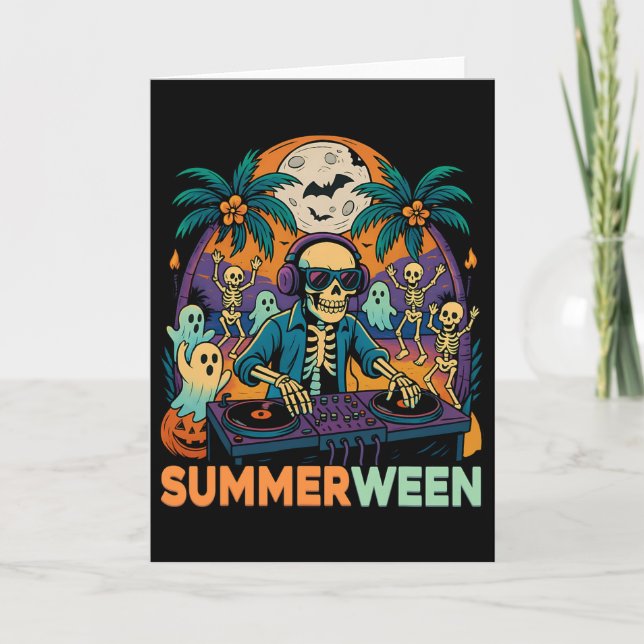Summerween Dj Skeleton Beach Party Halloween Music Card (Front)