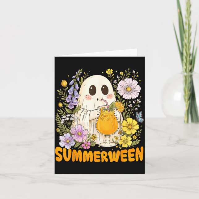 Summerween Funny Ghost Floral Halloween Summer Card (Front)
