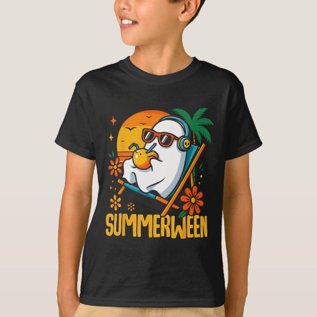Summerween Funny Ghost Halloween Summer Beach Vibe T-Shirt (Front)
