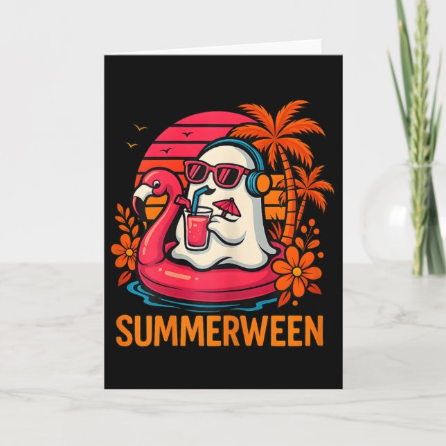 Summerween Funny Ghost Halloween Summer Flamingo B Card (Front)