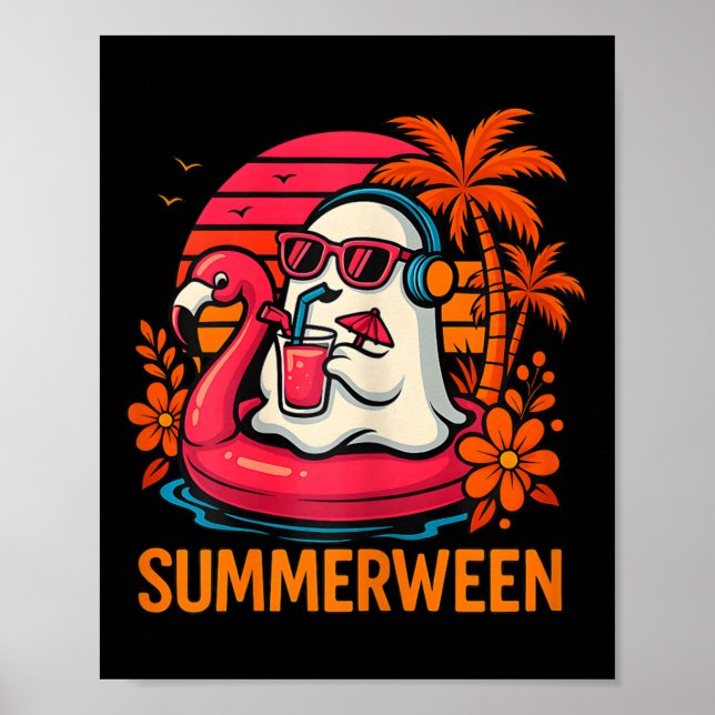 Summerween Funny Ghost Halloween Summer Flamingo B Poster (Front)