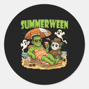 Summerween Funny Horror Characters Halloween On Th Classic Round Sticker