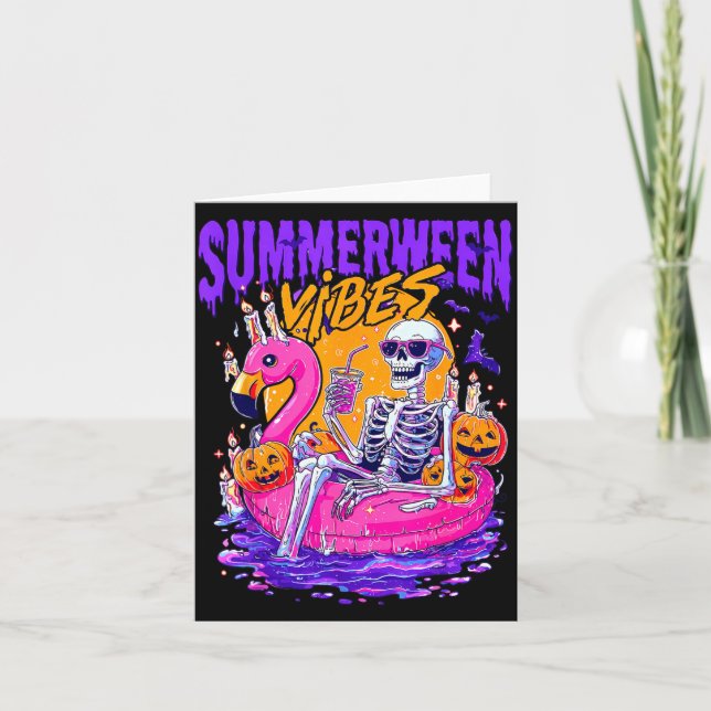 Summerween Funny Skeletons Halloween Floating Pool Card (Front)