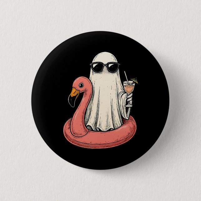 Summerween Ghost With Flamingo Floatie Womens Hall 6 Cm Round Badge (Front)