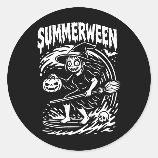 Summerween Halloween Summer Surfing Beach Witch  Classic Round Sticker (Front)