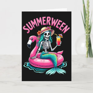 Summerween Mermaid Skeleton Beach Flamingo Hallowe Card