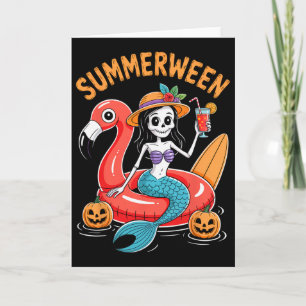 Summerween Mermaid Skeleton Beach Flamingo Hallowe Card