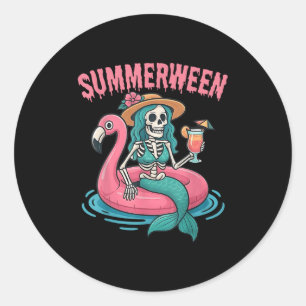 Summerween Mermaid Skeleton Beach Flamingo Hallowe Classic Round Sticker