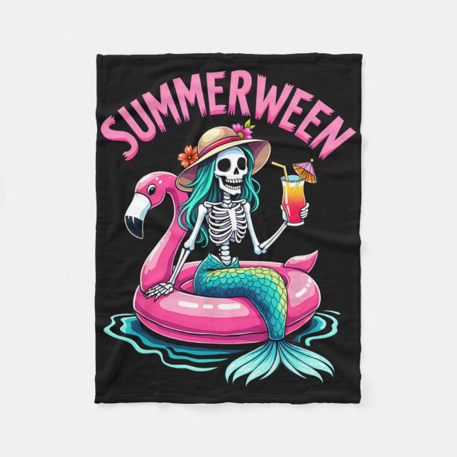 Summerween Mermaid Skeleton Beach Flamingo Hallowe Fleece Blanket (Front)