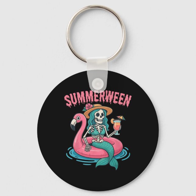 Summerween Mermaid Skeleton Beach Flamingo Hallowe Key Ring (Front)