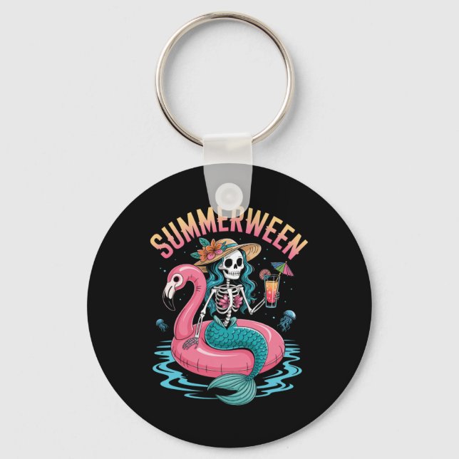 Summerween Mermaid Skeleton Beach Flamingo Hallowe Key Ring (Front)