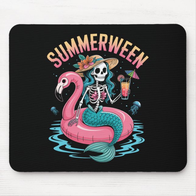 Summerween Mermaid Skeleton Beach Flamingo Hallowe Mouse Pad (Front)