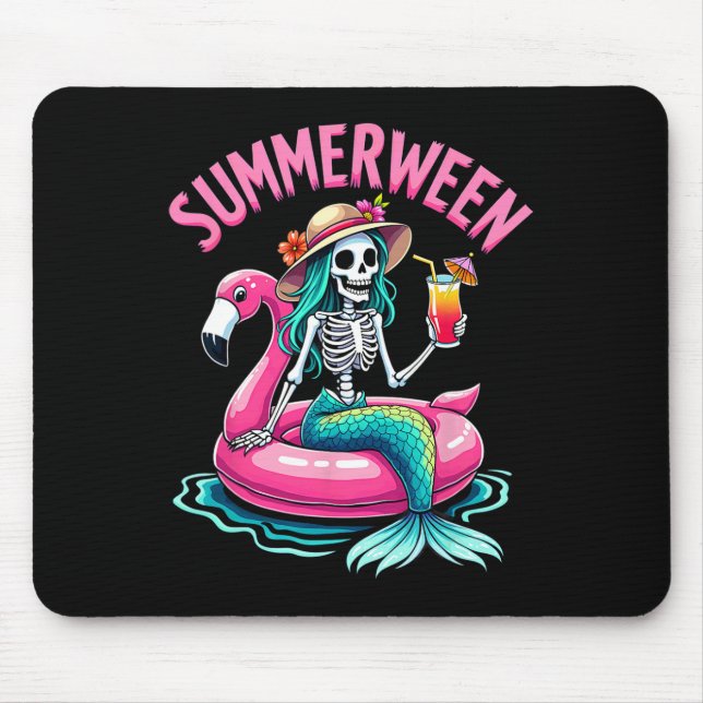 Summerween Mermaid Skeleton Beach Flamingo Hallowe Mouse Pad (Front)