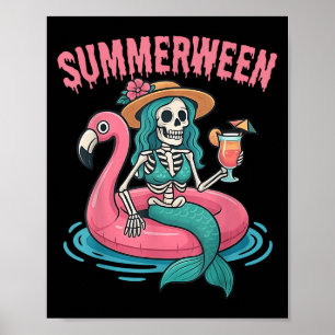 Summerween Mermaid Skeleton Beach Flamingo Hallowe Poster