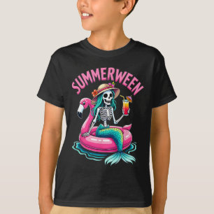 Summerween Mermaid Skeleton Beach Flamingo Hallowe T-Shirt