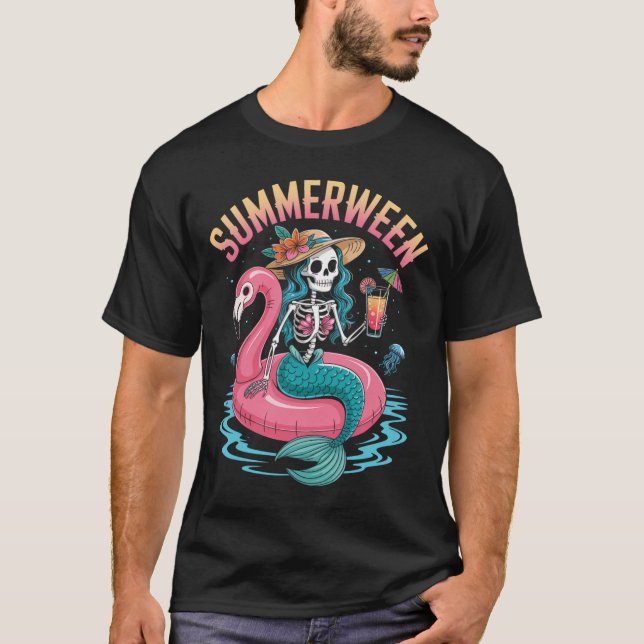 Summerween Mermaid Skeleton Beach Flamingo Hallowe T-Shirt (Front)