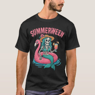 Summerween Mermaid Skeleton Beach Flamingo Hallowe T-Shirt