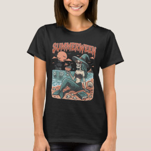 Summerween Mermaid Skeleton Beach Flamingo Hallowe T-Shirt