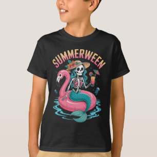 Summerween Mermaid Skeleton Beach Flamingo Hallowe T-Shirt