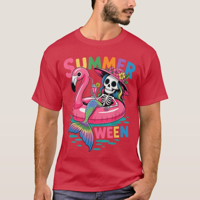 Summerween Mermaid Skeleton Beach Flamingo Hallowe T-Shirt (Front)