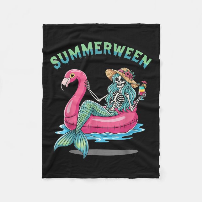 Summerween Mermaid Skeleton Flamingo Float Hallowe Fleece Blanket (Front)