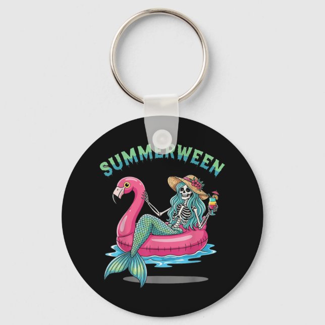 Summerween Mermaid Skeleton Flamingo Float Hallowe Key Ring (Front)