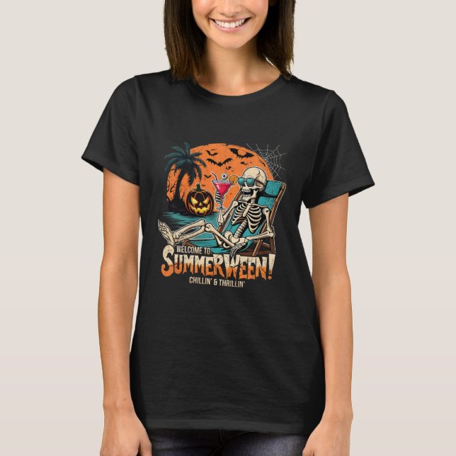 Summerween Skeleton Beach Halloween Tropical Art  T-Shirt (Front)