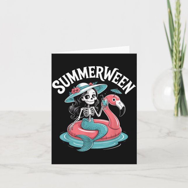 Summerween Skeleton Flamingo Halloween Vibes Card (Front)